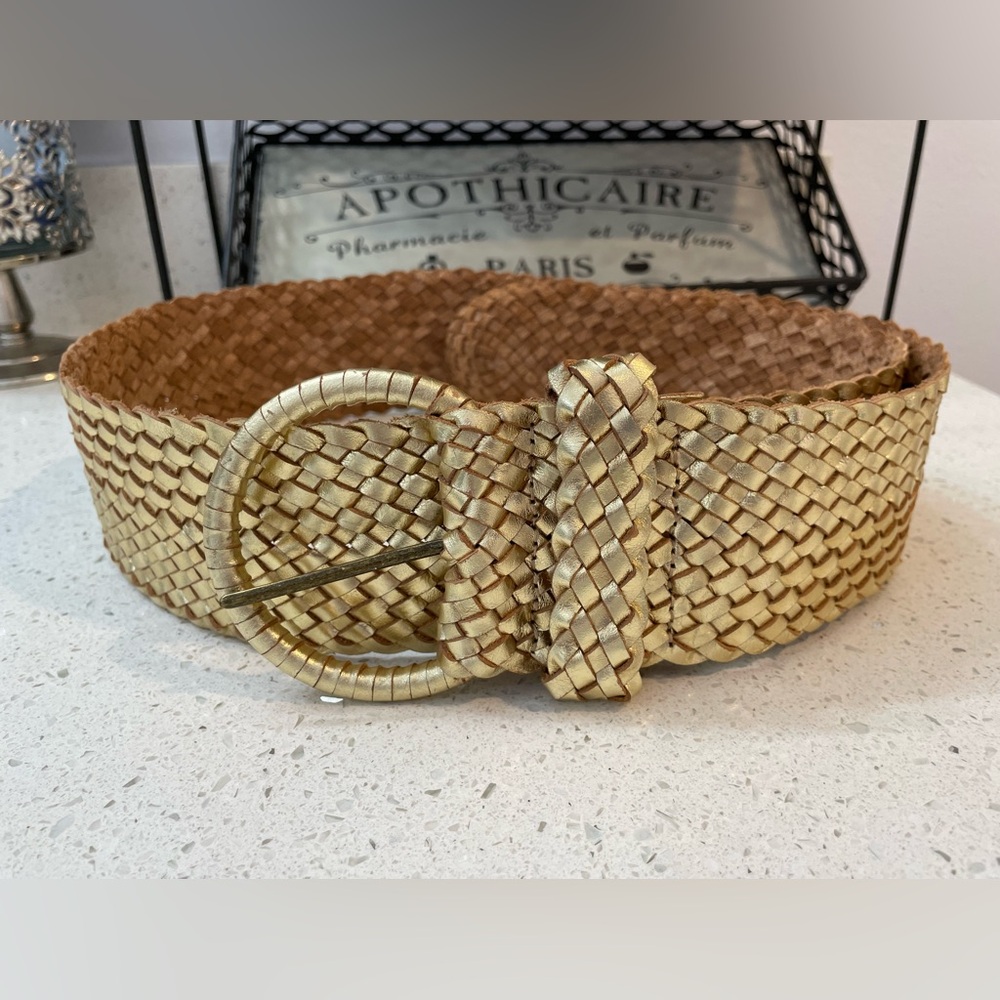 HOBO Gold and Tan Leather Woven Belt Sz M/L